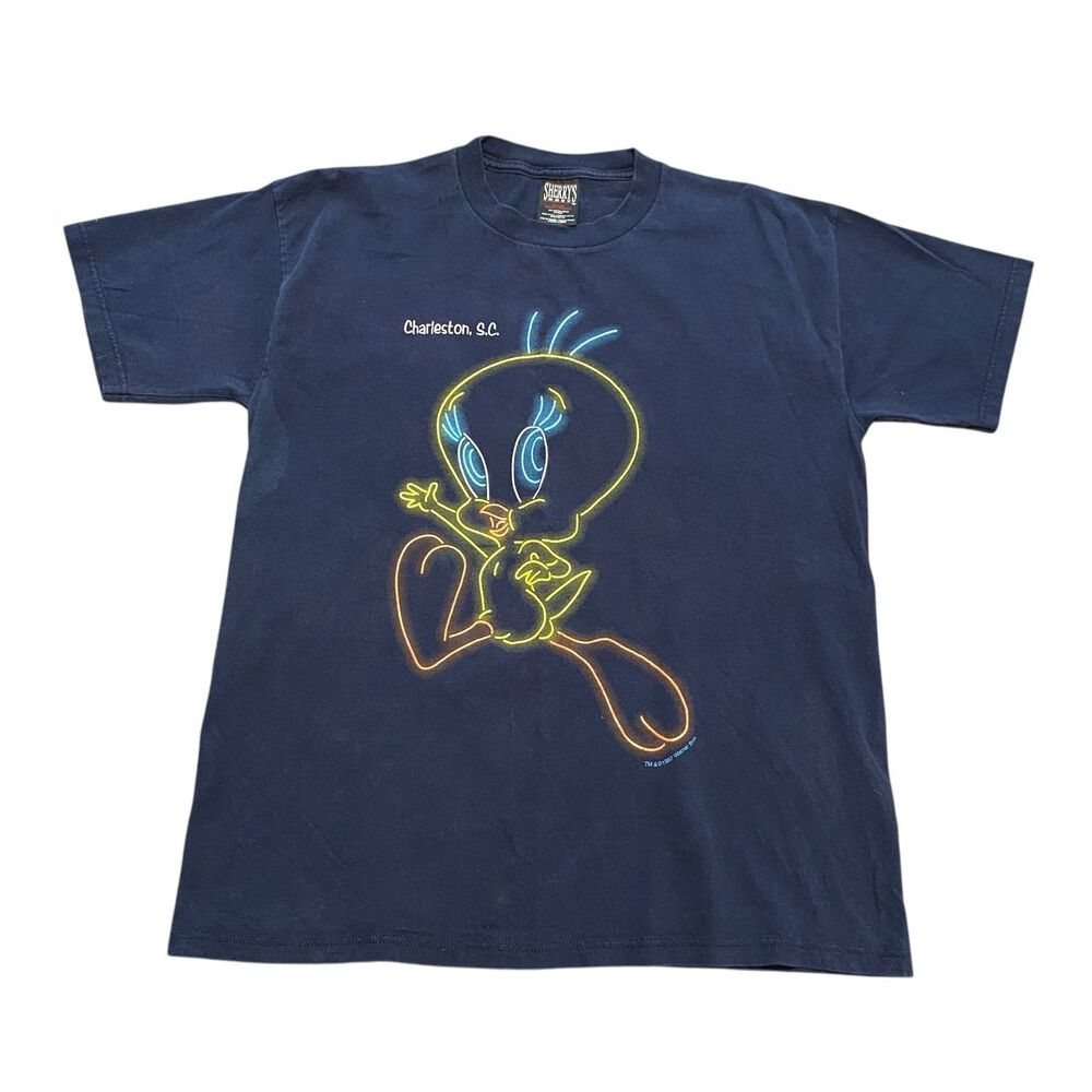 Vintage Warner Bros Tweety Bird Tee Shirt Top Neon USA Made 90s M Looney Tunes